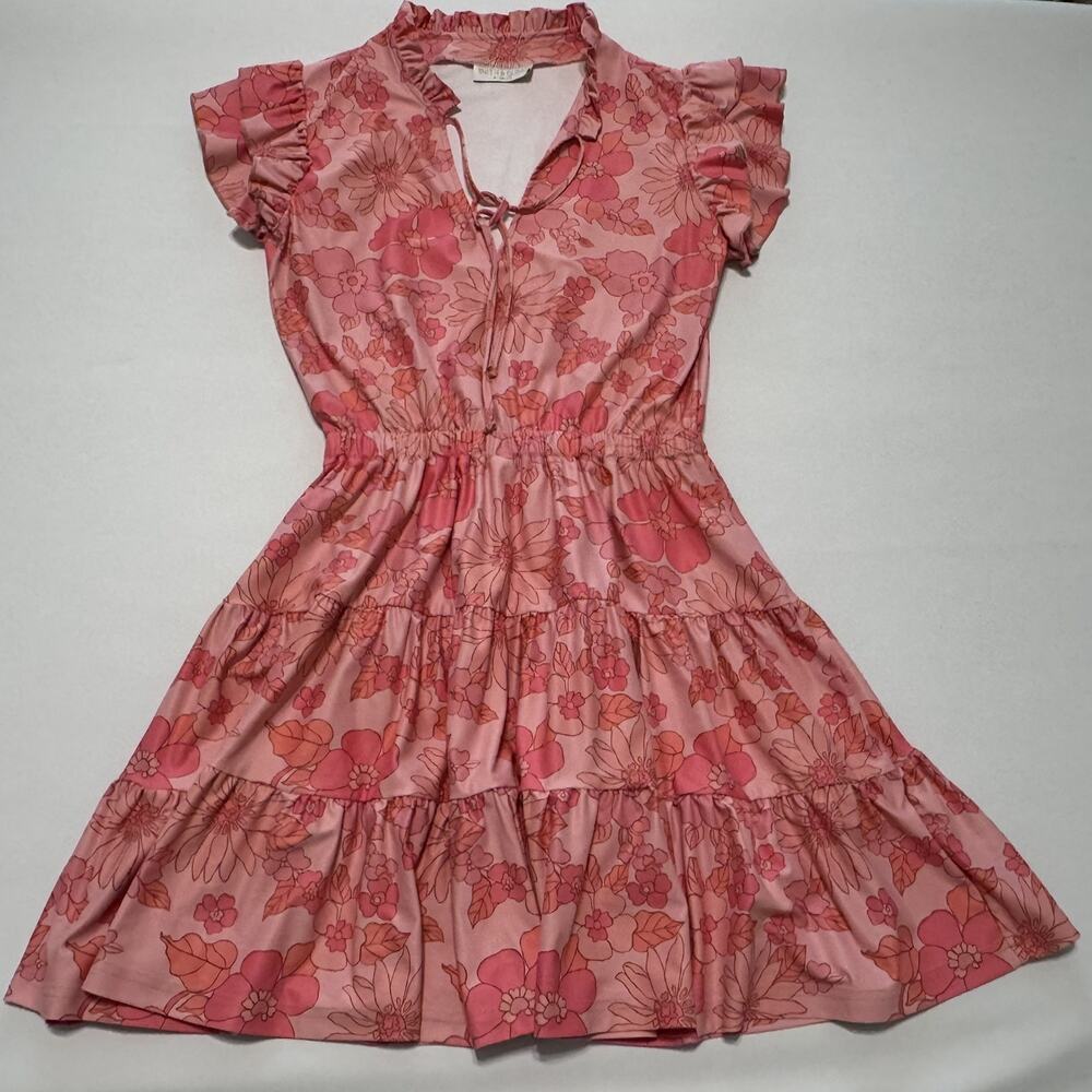 SMITH & QUINN High smocked/ruffled split 60’s Retro Pink Floral Dress Size XSm